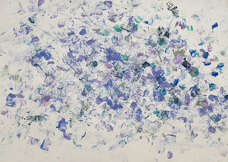 purple and green paint marks on a canvas.