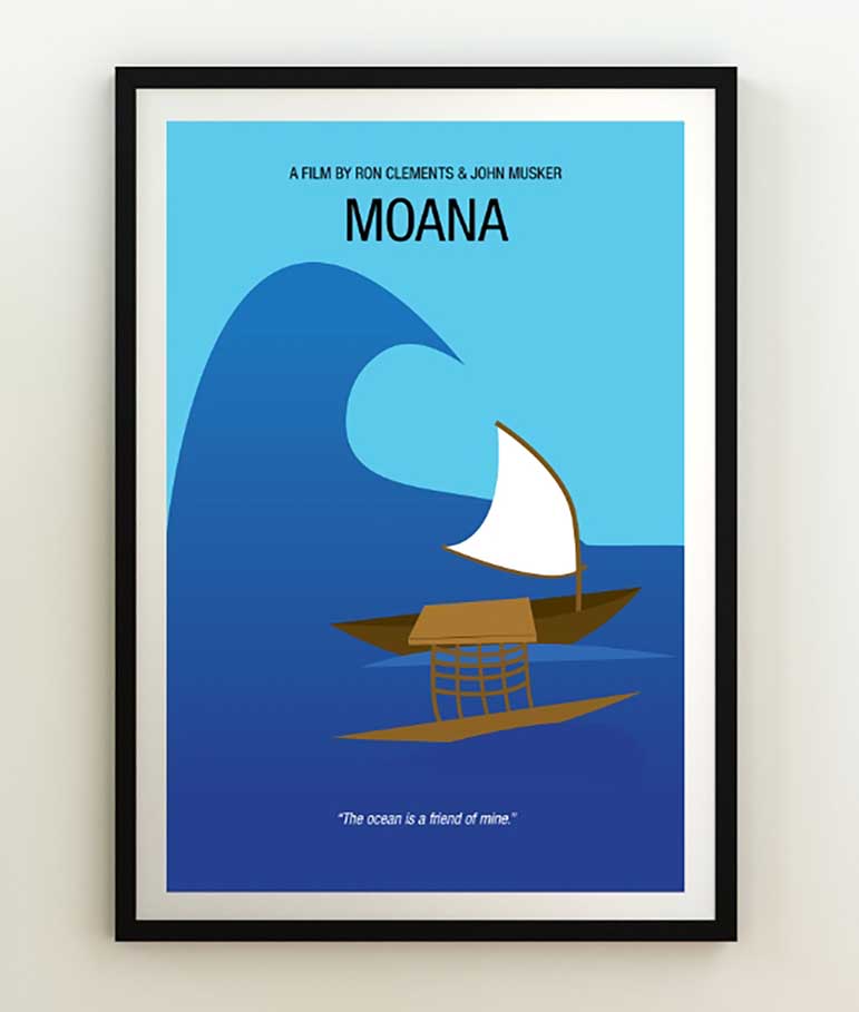 poster with large blue wave looming above boat in the ocean. moana in large font. quote at bottom reads 'the ocean is a friend of mine.'