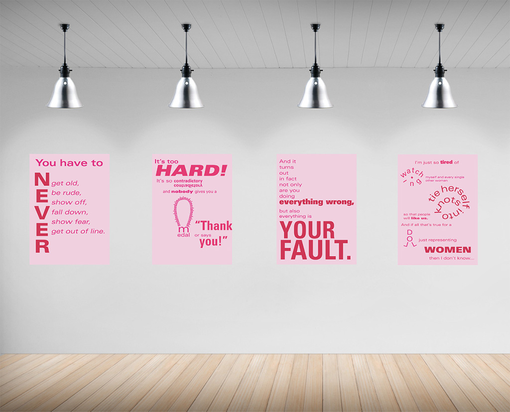 photo of 4 pink posters with Barbie movie monologue. light pink backgrounds with vibrant, bright pink words.